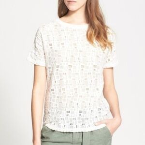 VINCE white cotton semi-sheer textured knit classic pullover short sleeve top